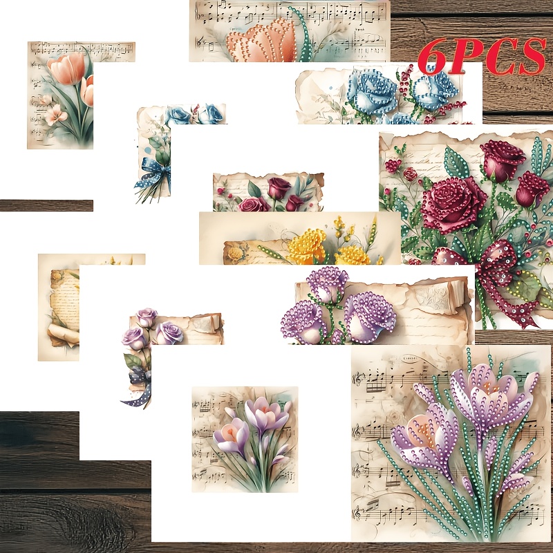 TEMU Set van 6 2D Platte Diamant Schilderij Wenskaarten voor Alle Seizoenen - Bloemen - Zegening Kaarten, Perfect voor Cadeaus tijdens de Feestdagen