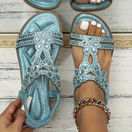 elegant bohemian women s flat sandals with floral rhinestones turquoise open toe design adjustable ankle strap comfortable summer for casual wear strappy sandals