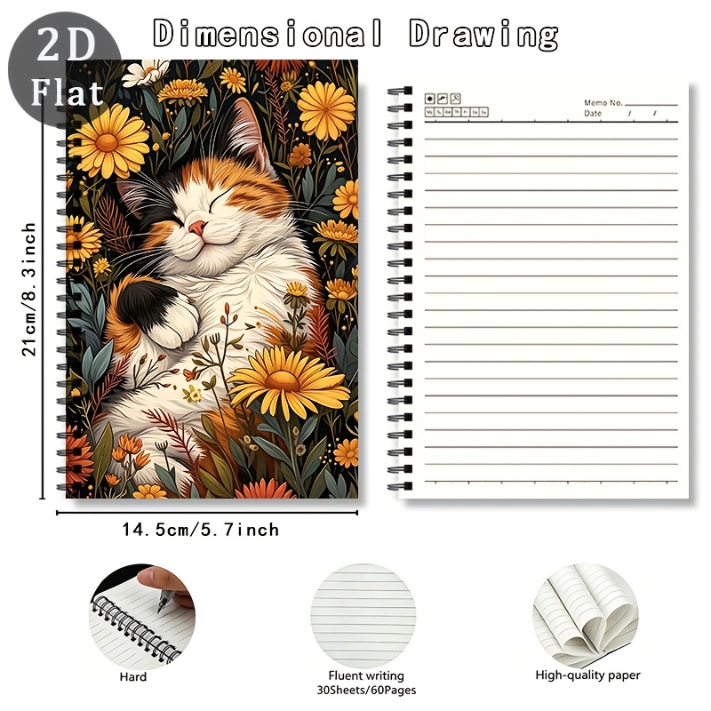 TEMU Un carnet amusant à spirale 2D avec 30 feuilles pour un total de 60 pages, un journal à spirale avec des de chats mignons et de fleurs,