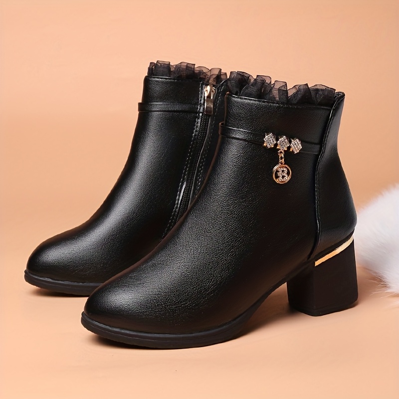 TEMU 2026 Women's Fashion Spring Trim Nude Ankle Boots, Pointed Toe Single Lining Short Boots Women's, Fashion Side Zipper, Chunky Heel Mid-heel