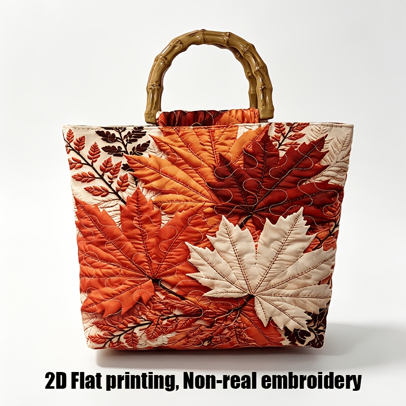 TEMU Women's Vintage Autumn Maple Leaf Tote Bag With Quilted Fall Foliage & Bamboo Handle - Zipper Closure Handbag Suitable For Commuting, Casual ,