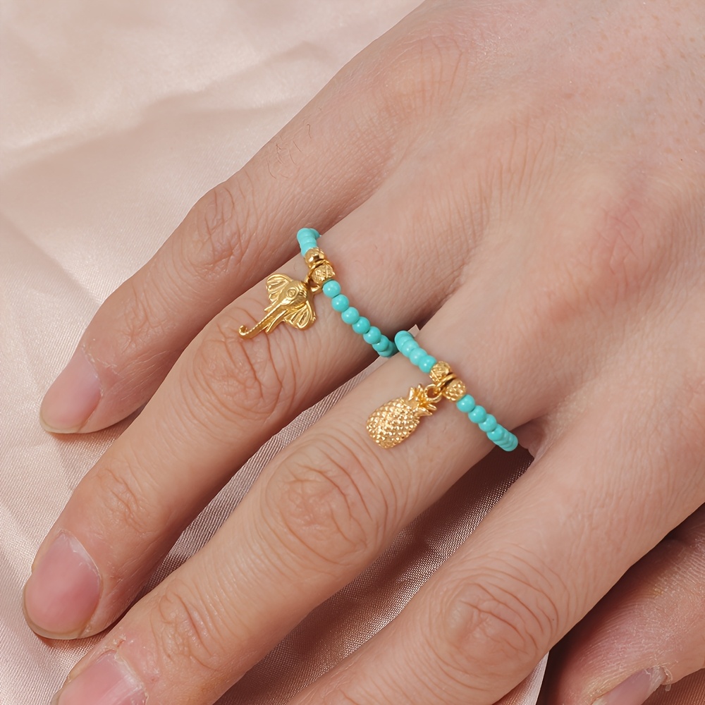 Ocean Style Beaded Ring - Adjustable Turquoise Stone Ring with Charms