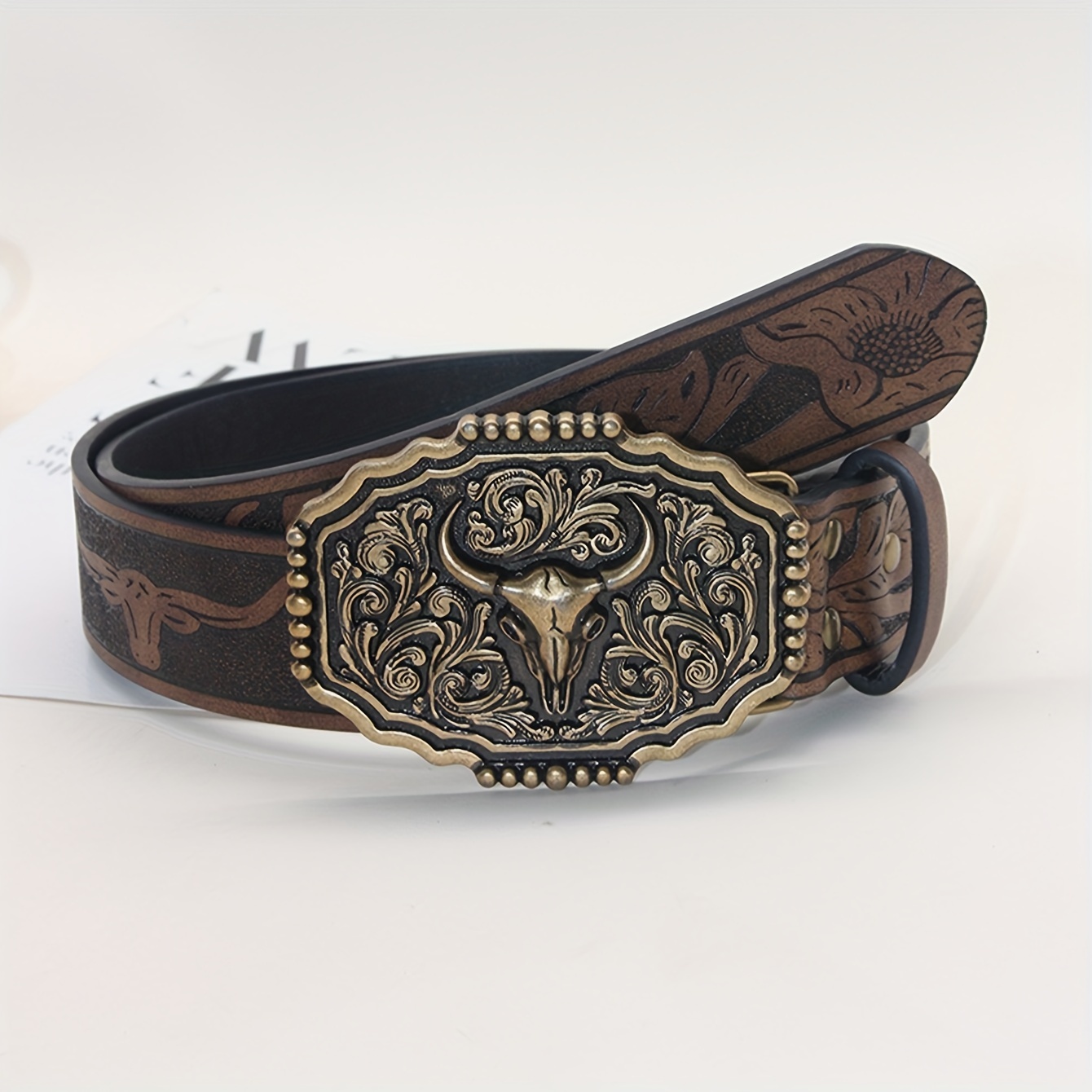 

Western Style Bohemian Pu Leather Belt With Vintage Bull Head Buckle, Embossed Irregular Pattern Waistband