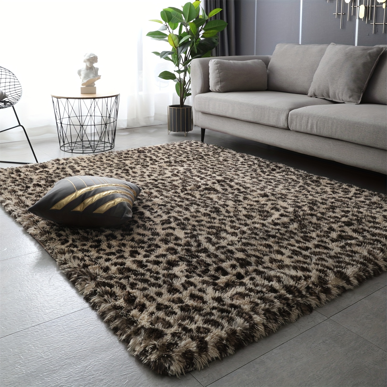 Beige Leopard Print Shaggy Tie-dye Rug, Polyester Soft Indoor Rug, 4cm Shaggy Rug