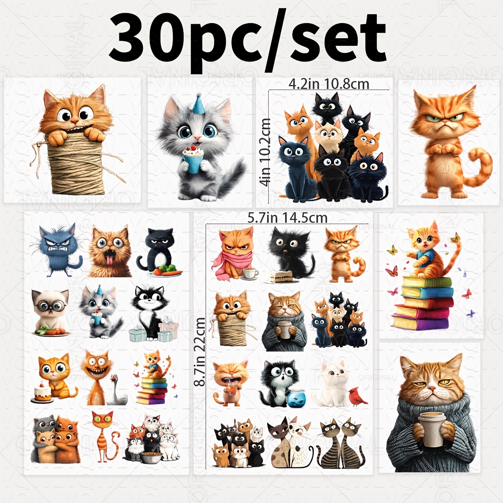 E-shop 24/30 Stück Launische Katze DIY-Aufkleber, DTFSuitable für Kleidung, T-Shirts, Jeans, Rucksäcke, stilvolle waschbare