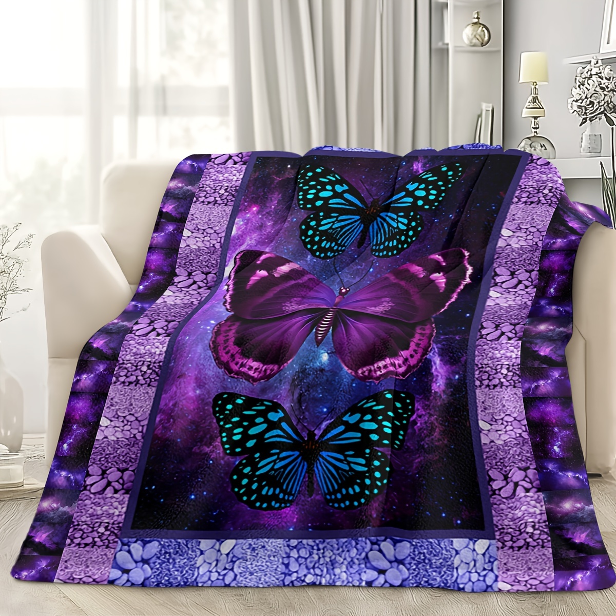 

Purple Butterfly Flannel Throw Blanket - Contemporary Style Reversible Animal Theme For All , Multipurpose Microfiber Bedding, Machine Washable - Moonpalace