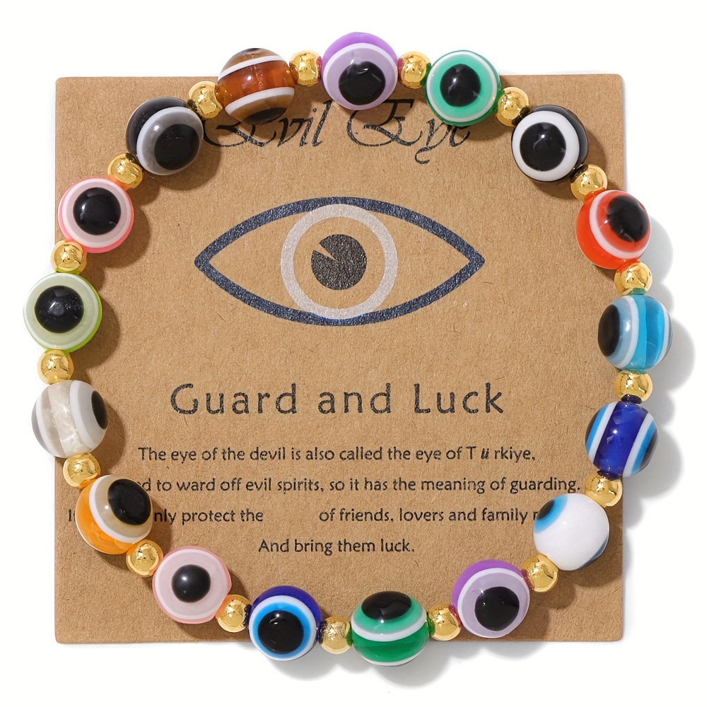 Evil Eye Protection Bracelet, Adjustable Elastic & Golden Beaded Jewelry