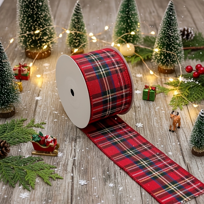 TEMU 10yards/ Roll 63mm Red Checkered Border Christmas Tree Hanging Decoration Gift Box Packaging Jewelry Handmade Bow Mesh Woven Ribbon Ribbon Diy