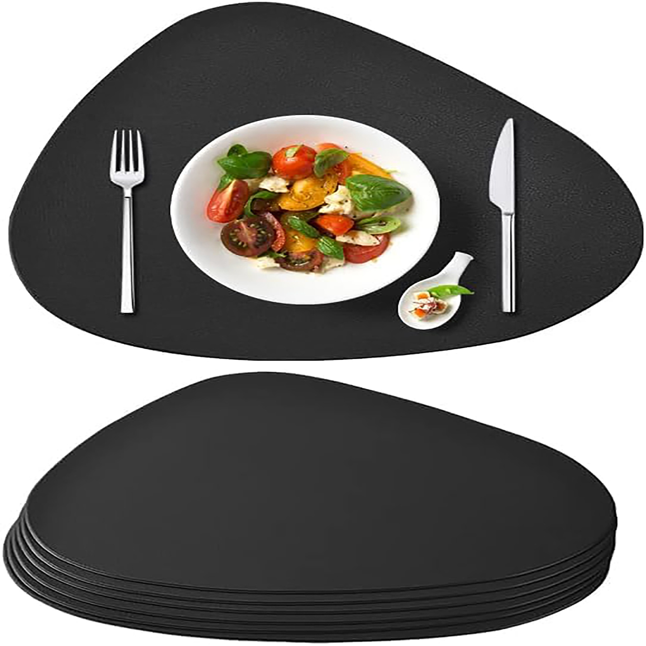 

6pcs Set Black Faux Leather Placemats - Round & Oval, Waterproof & Washable, Dining & Coffee Tables, Indoor & Outdoor Use, 15.7x13 Inches