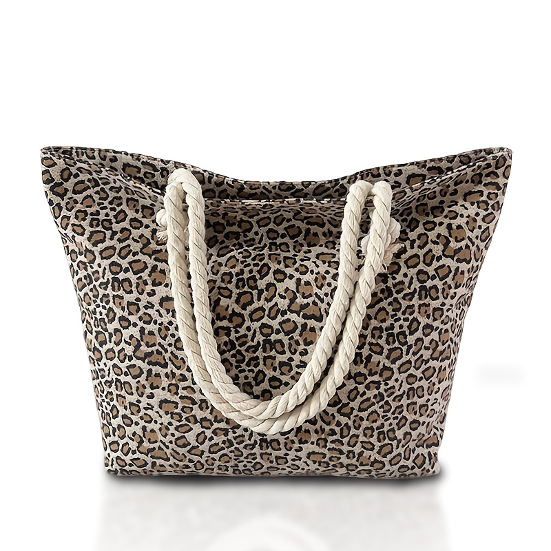 Image of Fashionable Large Capacity Leopard Print Women's Beach Tote Bag, Stylish And Durable Hemp Rope Shoulder Bag, Perfect For Holidays And Vacations, Making It An Gift For Women, Teachers