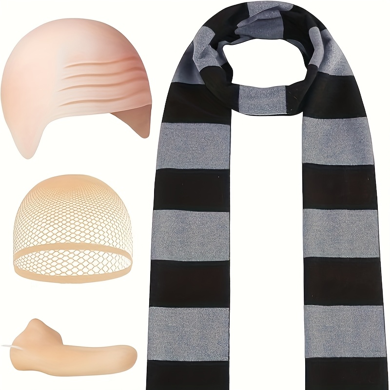 Image of Halloween Costume Additions For Adult, Black Gray Striped Scarf/fake Nose/bald Cap For Men Cosplay Set, Without Battery