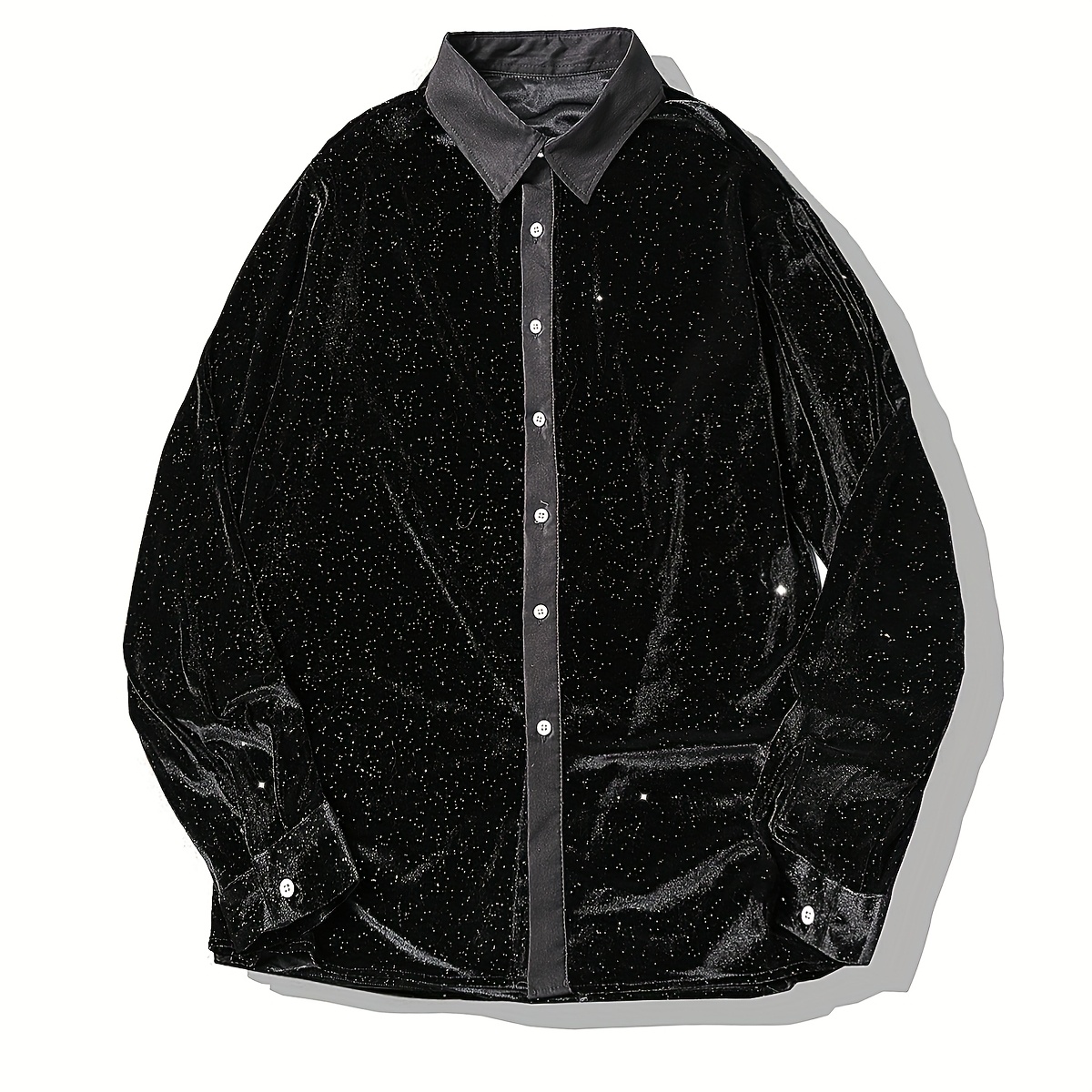 mens sequin black dress shirt fashionable lapel button long - Temu