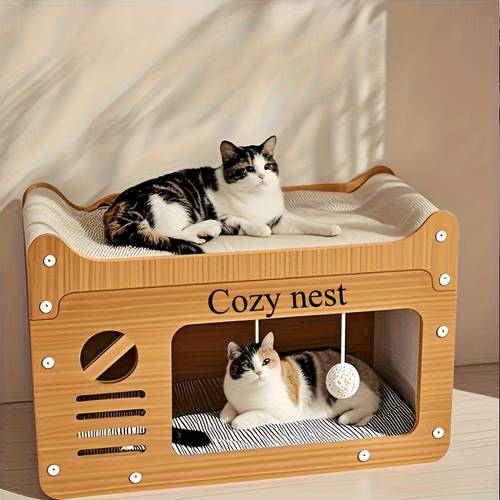 2-in-1 Cat Bed & Scratching Post - Large Summer Cooling Ventilated Cat House with Personalized Name Engraving, Durable No-Shed Material, Easy Assembly Wall-Mounted Space-Saving Design for Indoor Cats