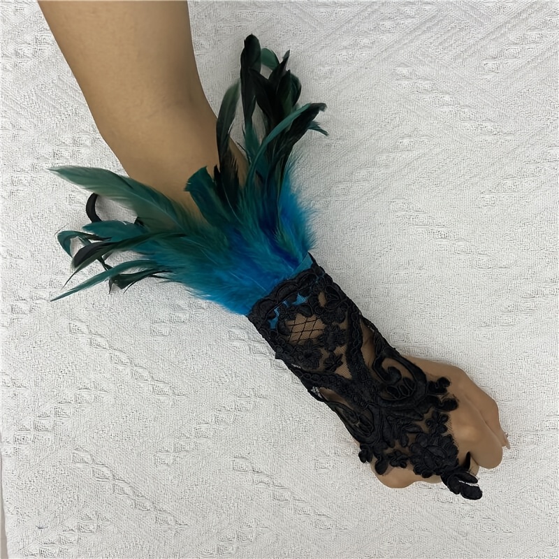 Gothic Rhinestone Feather Gloves Lace Cuff Wristband Cosplay Wedding Halloween