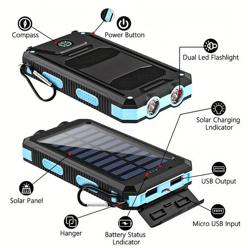10000mah 20000mah portable charger solar power bank camping external backup battery pack dual 5v usb ports output for all mobile devices built in dual flashlights with emergency use for mothers day