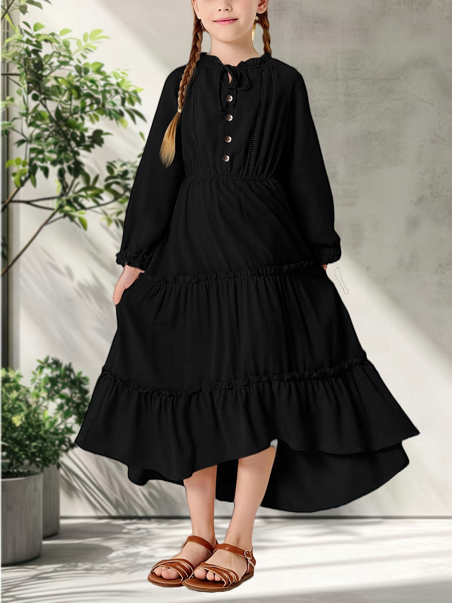 girls long sleeve ruffle dress tiered v neck maxi raglan - Temu