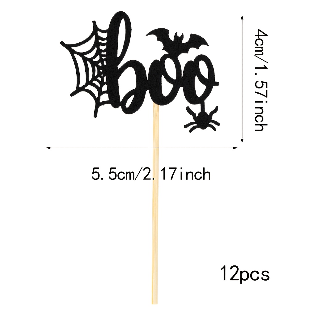 Black Glitter Boo Halloween Cupcake Decorations, 12pcs Of Halloween-themed Birthday Party Supplies