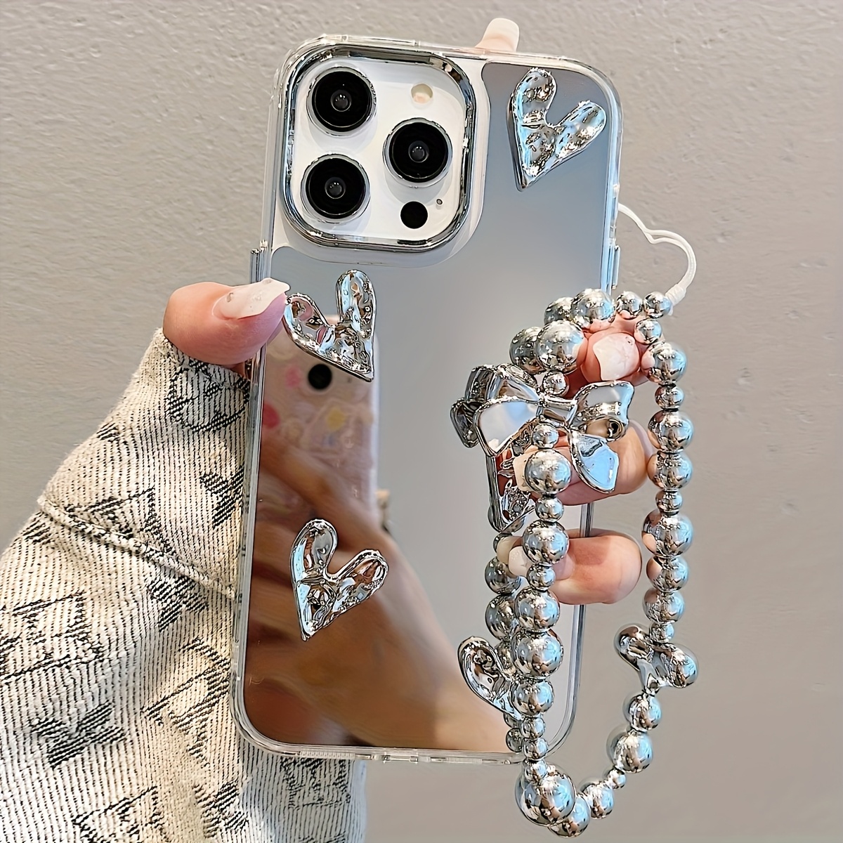 TEMU Phone Case - Electroplated 3d Pleated Heart Phone Case With Bracelet For Iphone 17 16 15 14 13 Pro Max, Suitable For Women's Outdoor Touch-up