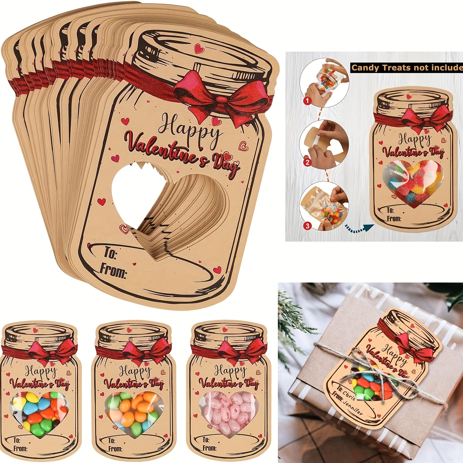 

48pcs Mason Jar Valentine's Day Greeting Cards Set With Bags, Heart-shaped Paper Cards For Classroom Communication, Graduation & Birthday Parties - English Language