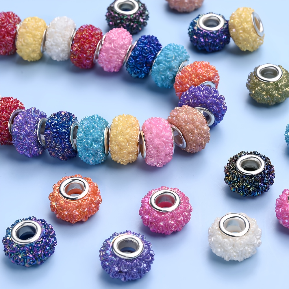 TEMU 30pcs 15mm Large Hole European Craft Beads - Eternal Flower Acrylic Rose Beads With Colorful Roses & Suitable For Making, Suitable For Necklace,