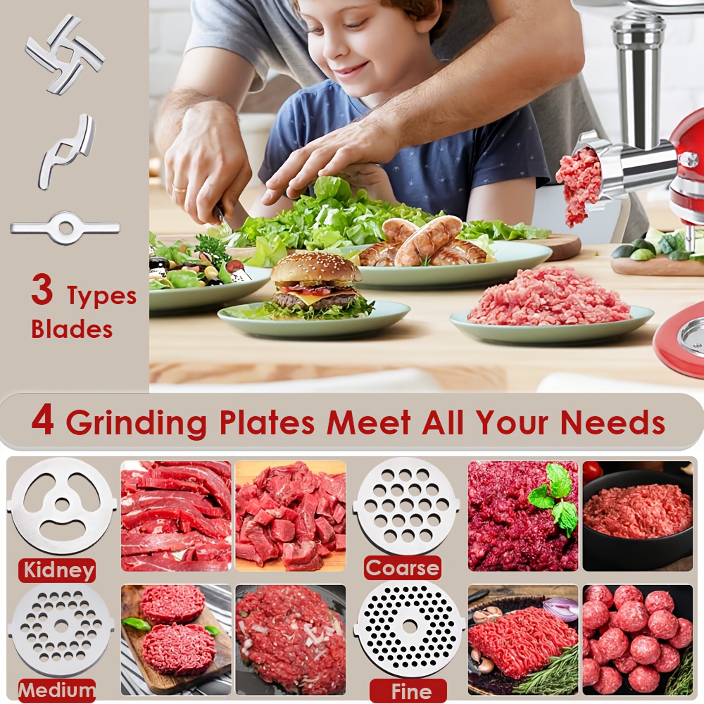 compatible for stand mixers meat grinder attachment with 4 grinding plates 2 sausage stuffer tubes heavy duty stainless compatible with ka mixers attachment only ideal for small business Product details 5