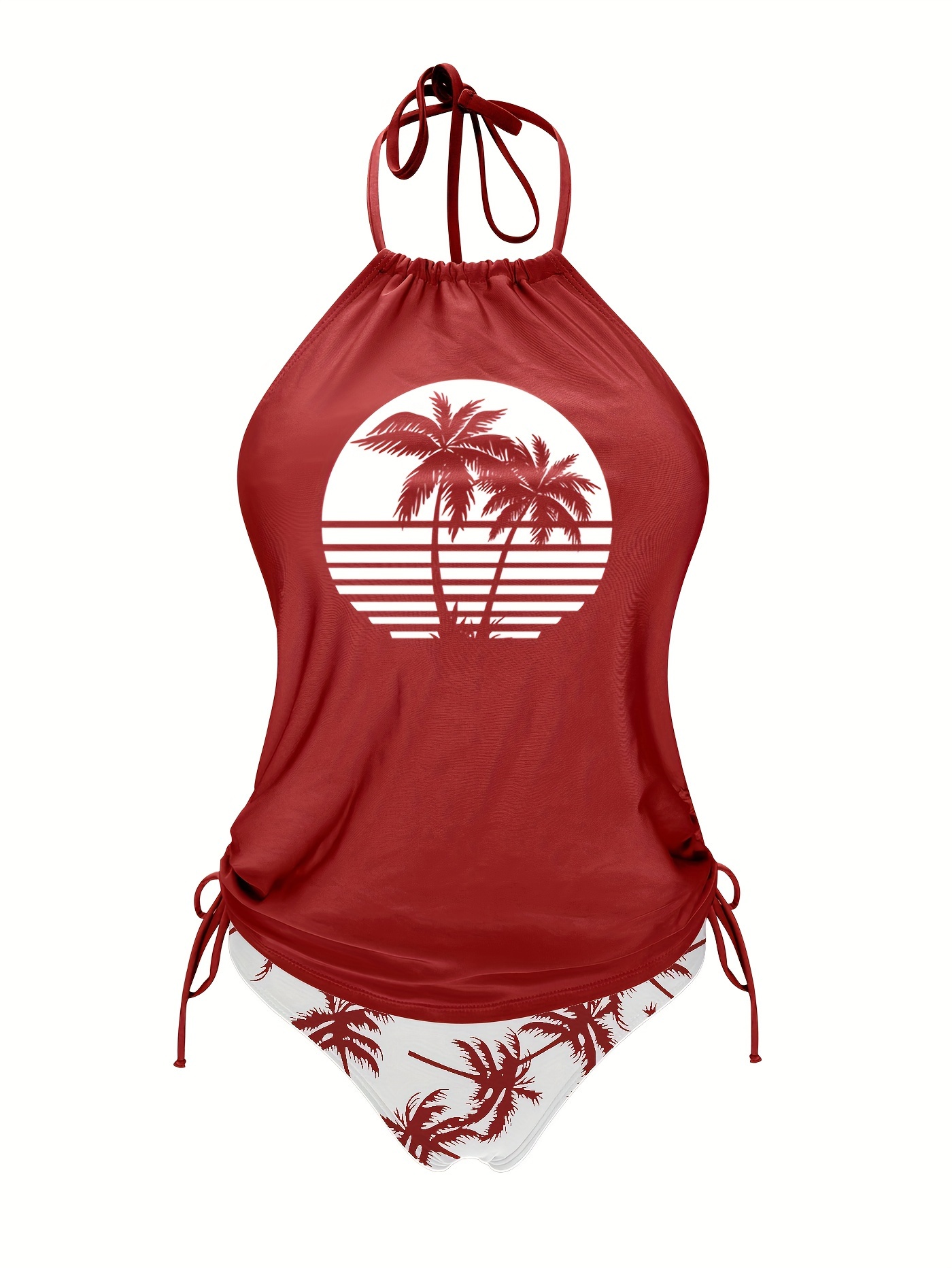 Coconut Tree Set Pattern Drawstring 2pcs Set Swimsuit, Halter Tie Neck Backless Stretchy Low Waist Bathing Suit for Beach Pool, Women'S Swimwear & Clothing