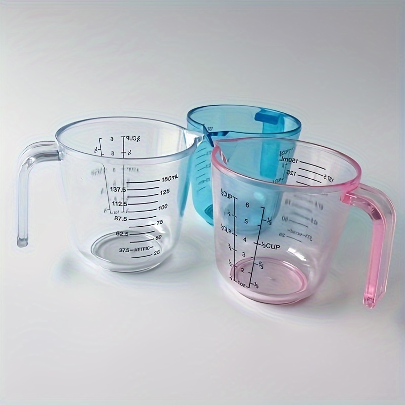 

1pc, Multicolor Measuring Cup, 150ml Dual-sided Scale, Plastic Kitchen Measuring Tools, 3.93 Inches Height, Transparent With Pink/blue/clear Handles