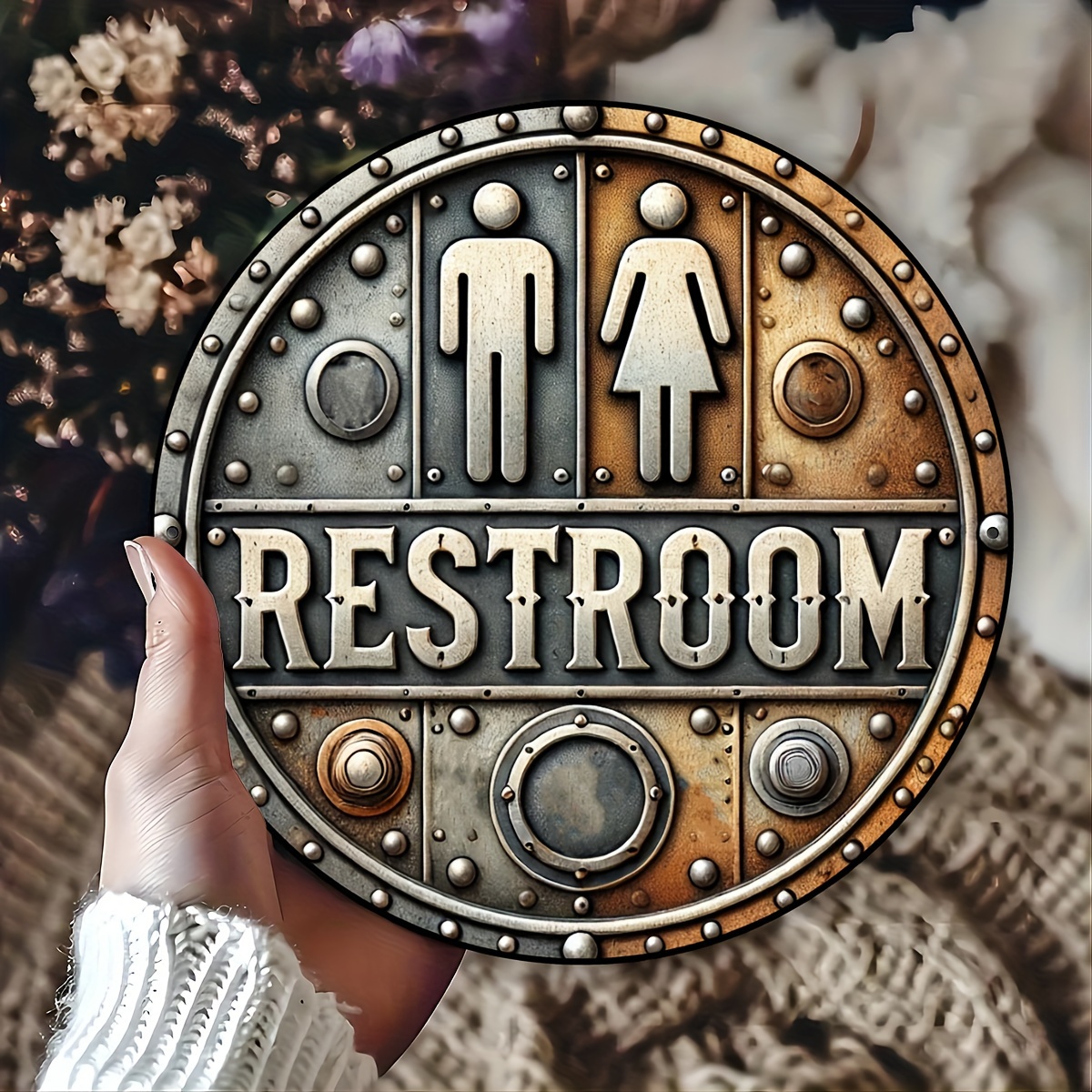 

Vintage Round Restroom Sign - Rustic Wall Art Aluminum Plaque 20cm, Industrial Style Decor For Home, Restaurant, Bar, Cafe, Garage, Farmhouse - Unisex Bathroom Door Sign (pack Of 1)