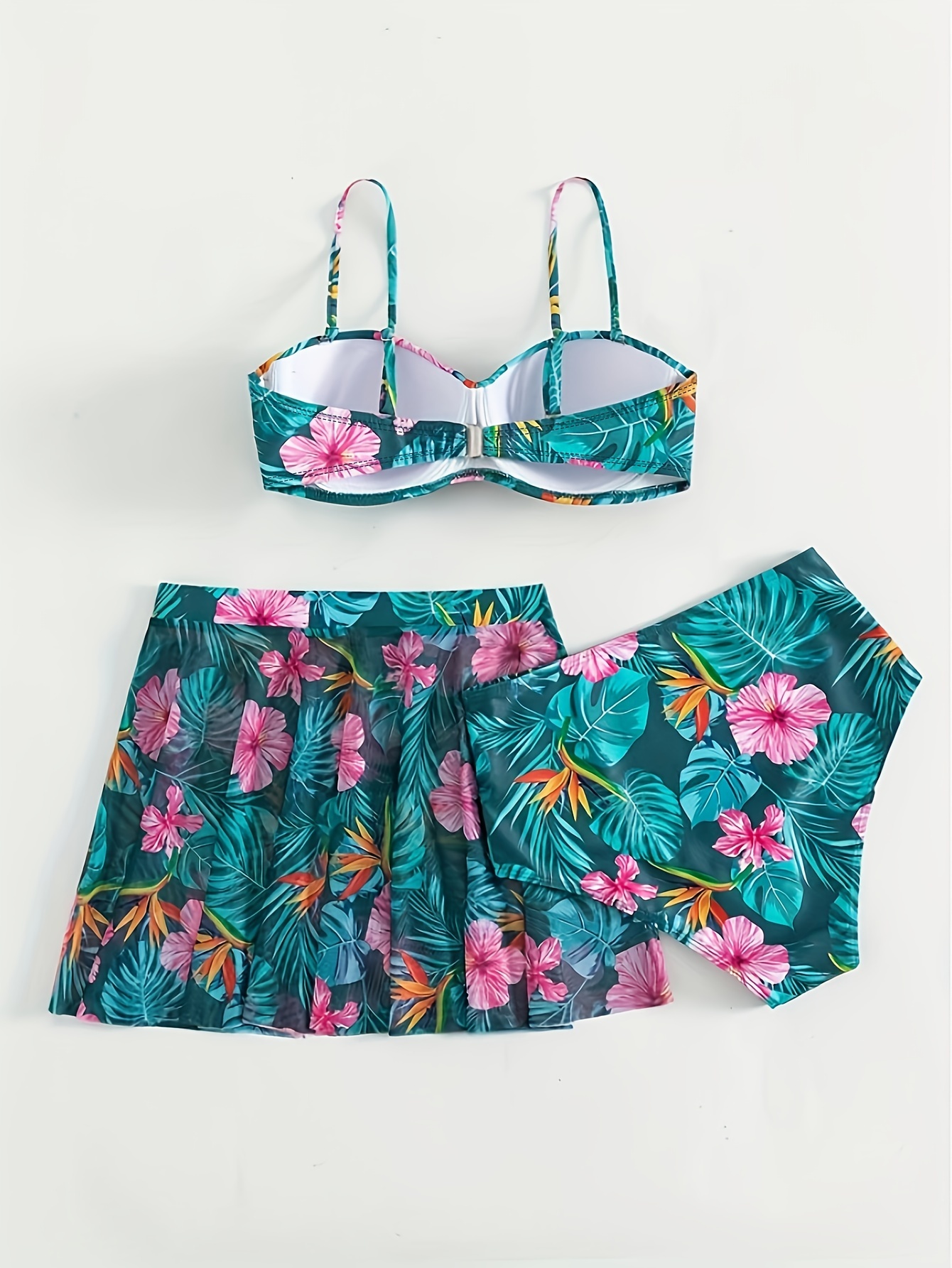 tropical print 3 piece set bikini spaghetti straps high cut with cover up skirt swimsuits womens swimwear clothing details 3