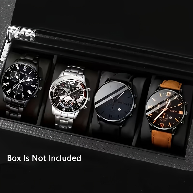 4 mens fashion wristwatch set quartz movement round   alloy case faux leather stainless steel strap battery powered multi time zone date function valentines day easter ramadan birthday christmas holiday   middle eastern style