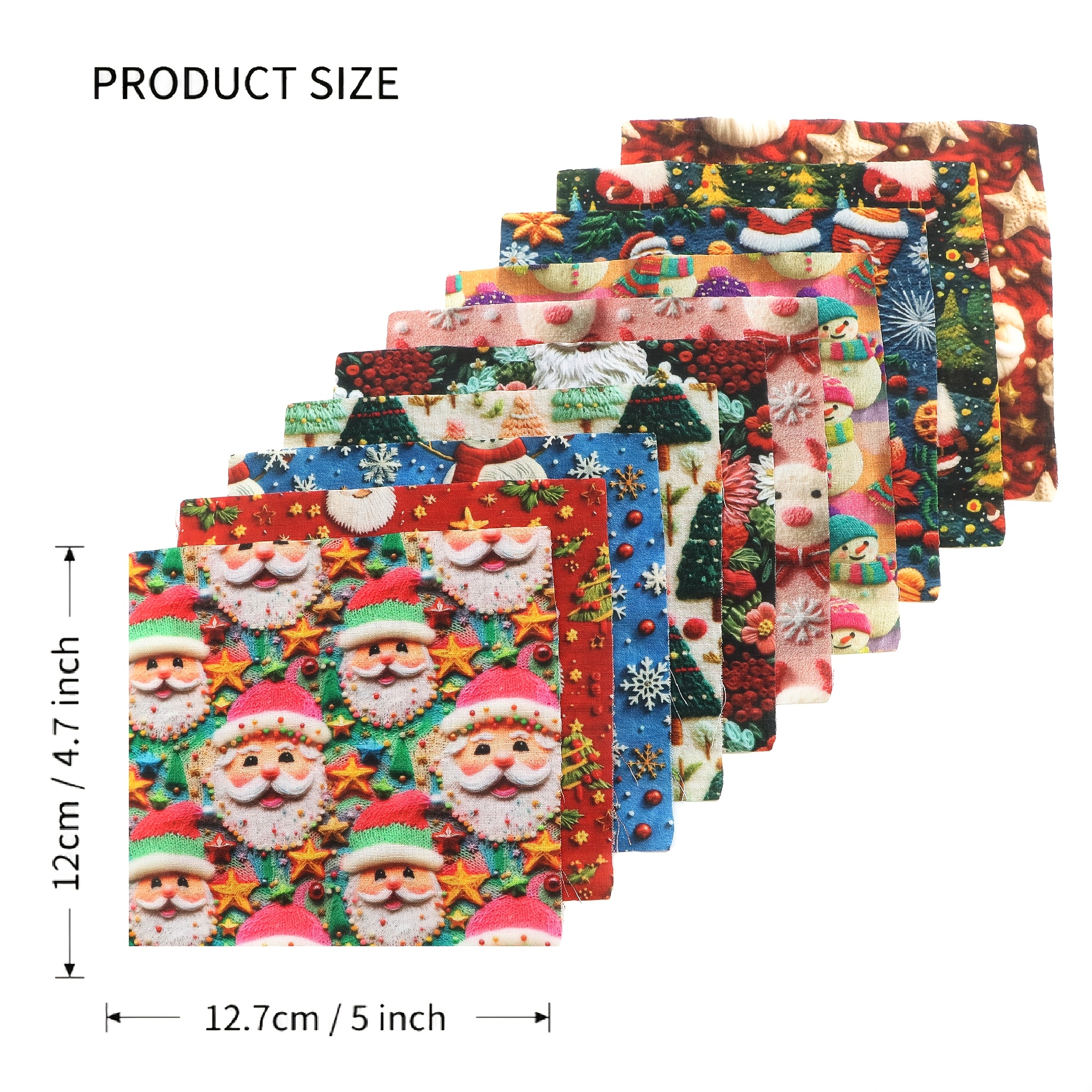 TEMU Tissu plat 2D 10pcs/Set Série Noël Père Noël Cerf Houx Fat Quarter, Assortiment de tissu carré prédécoupé, Ensemble de tissu, Tissu d'artisanat,