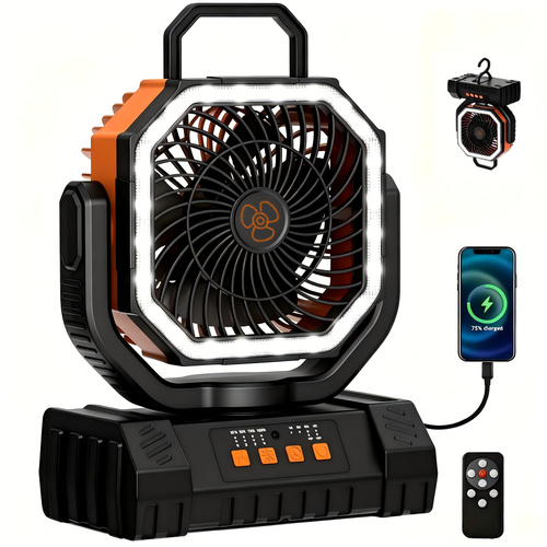 Portable Camping Fan with LED Light 20000Mah Rechargeable Battery Remote Control And Oscillating Function, 4 Wind Speeds, 90 Degree Oscillation, 1-8 Hour Timer, Remote Control Included. Suitable for Indoor And Outdoor Use, Tents, Travel