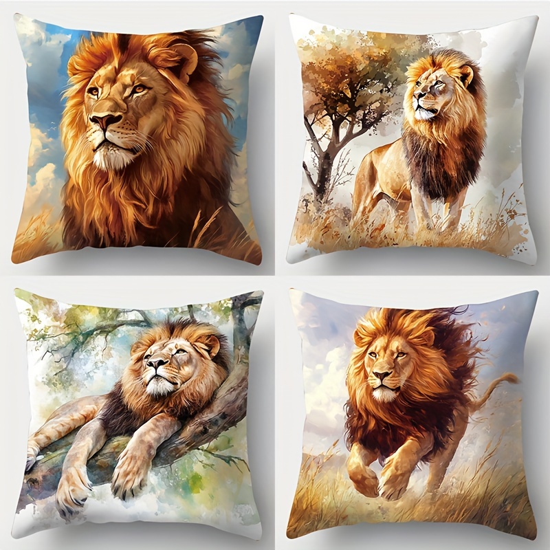 

Contemporary Lion Print Throw Pillow Covers Set Of 4, Polyester, Woven, Zippered, Hand Wash Only, 17.72 Inch Square For Sofa, Bed, Bedroom, Living Room Decor - No Insert