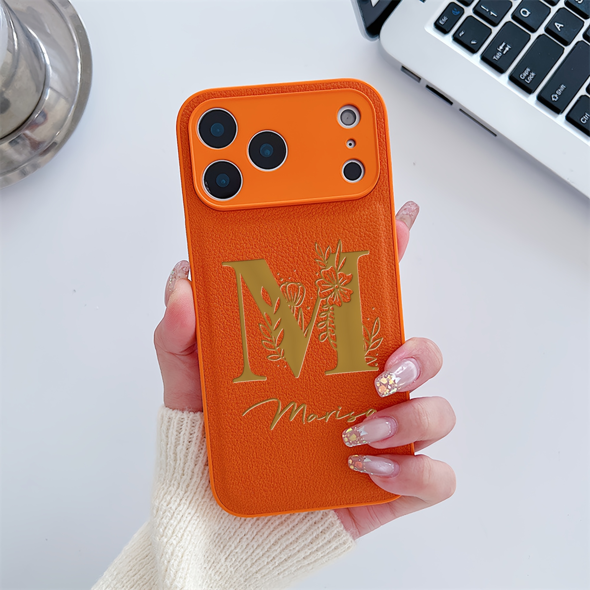 TEMU Phone Case - Personalized Flower Large Name Luxury Faux Leather Phone Case Compatible With Iphone 18 17 16 15 14 13 Pro Diy Letters Laser