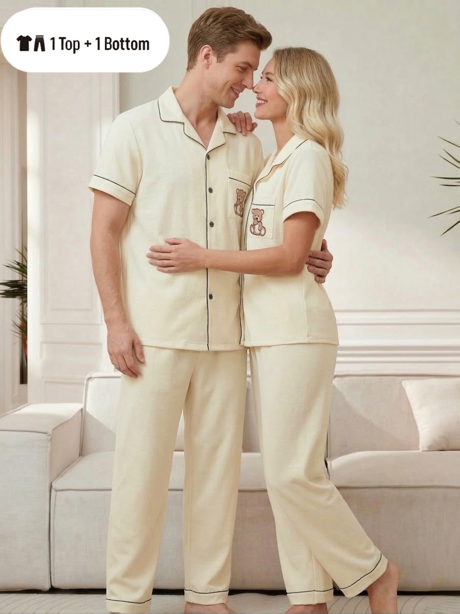 [MEN/WOMEN] Couple's Style Pajama Set - Short Sleeve Top + Long Pants Loungewear for Spring, Summer, and Autumn - Men's or Women's Round Neck Pullover with Cartoon Bear Pattern - Single Set