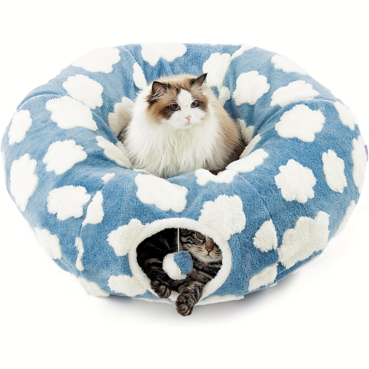 Plush Cat Tunnel in Light Blue Cloud & Green Small Flower Donut Design