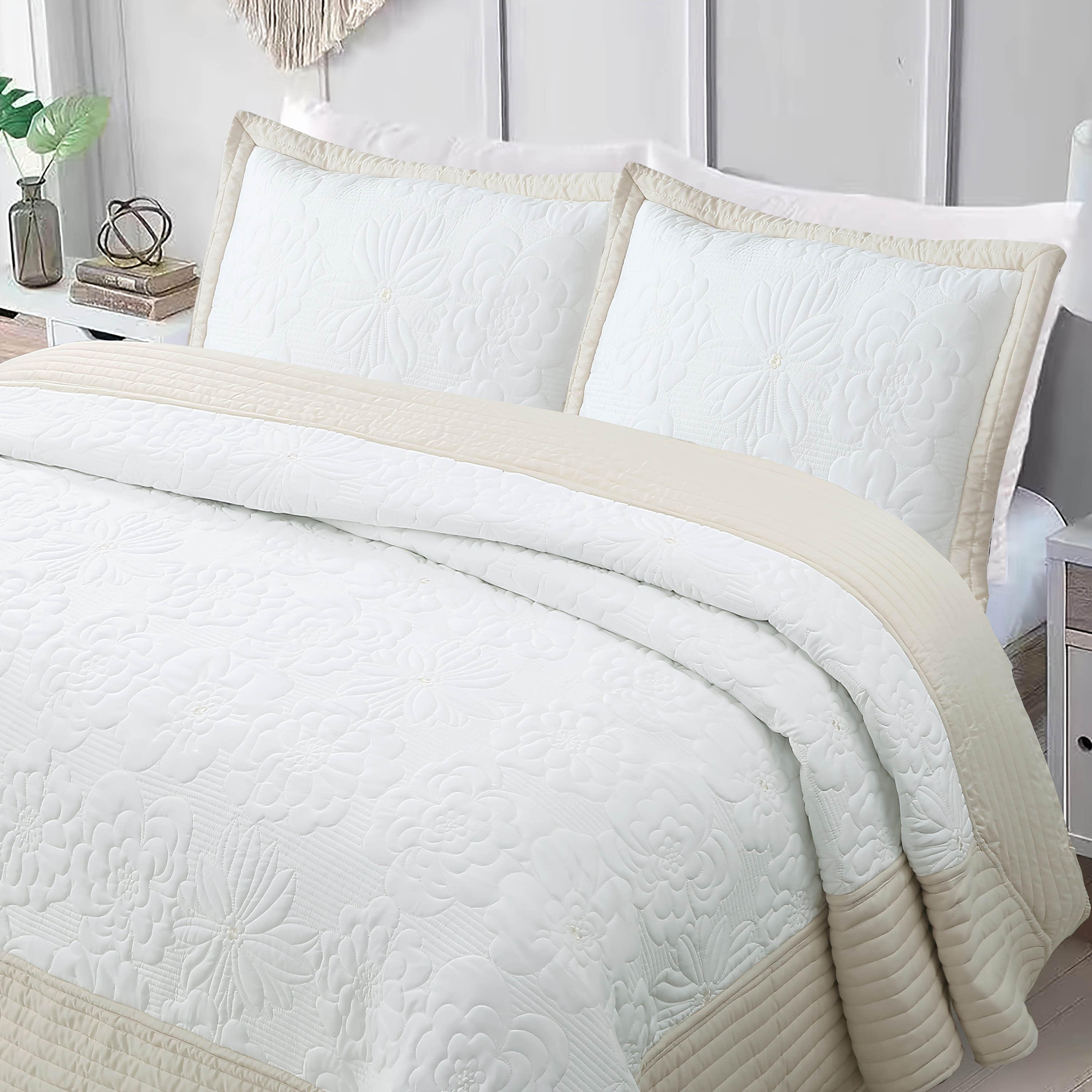 King Size 3pcs Embroidered Quilt Bedspread Set - 240X260Cm, Available in 4 Soft Pastel Shades (Light Blue/Beige/Soft Gray/Pink), Featuring a Quilted Pieced Border, Ideal for Master Or Guest Bedrooms And Home Decoration