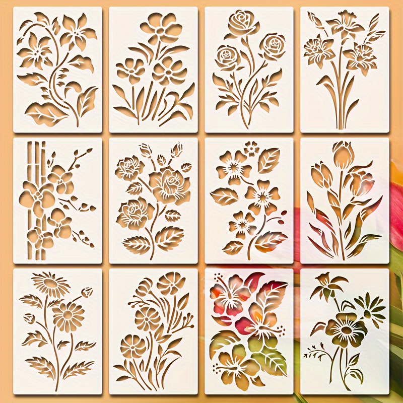 

12 Pcs Wildflower Painting Stencils - Reusable 5.83x8.27in Templates For Flowers And Plants, Wood, Canvas, Scrapbooking, And Home Decor