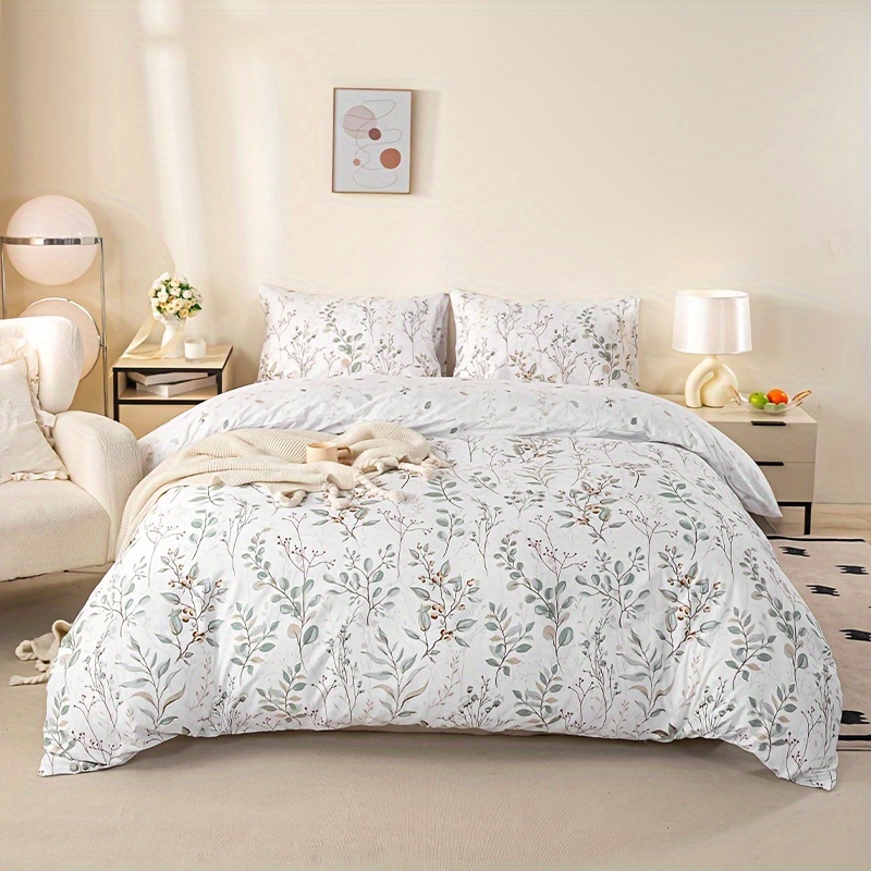 3pcs Floral Print Duvet Cover Set - Soft, Breathable Polyester Bedding With Zip Closure For - Includes 1 Duvet Cover & 2 Pillowcases (no Insert), Green Rhythm, Down Comforter