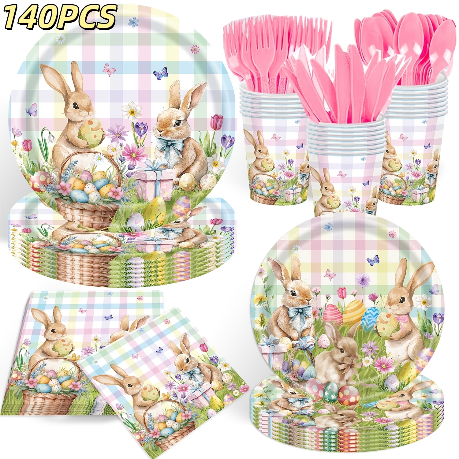 TEMU 140pcs Rainbow Plates Happy Rabbits Party Tableware Decorations Disposable Easter Paper Plate, Cup, Napkin, Cutlery For Spring Birthday