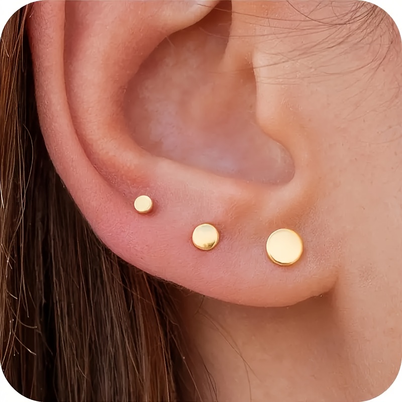 

18k Golden Plated Stainless Steel Earrings - 6pcs Cute Ear , Hypoallergenic Small Round Disk For All