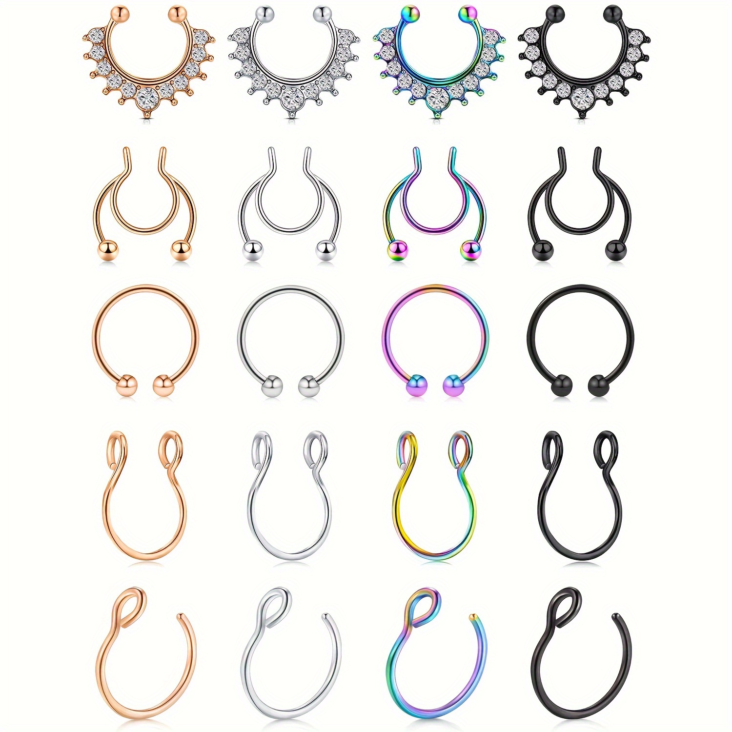 20pcs 8mm Nose Piercings Fake Nose Ring Stainless Steel Fake Piercings Nose Face Piercing Nose Lip Ear Ring Hoop For Men Women