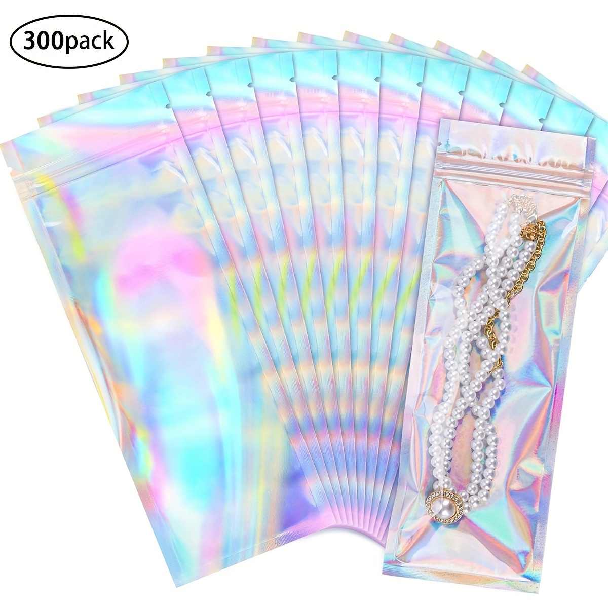 

300 Pack Holographic Mylar Bags Resealable Smell Proof Bags For Lip Gloss, Jewelry, Lash - Small Business Packaging Supplies (3x9inch)