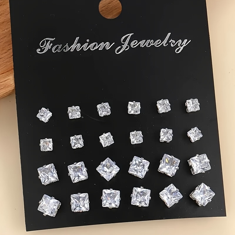 12 Pair Set Square Cubic Zirconia Stud Earrings for Men