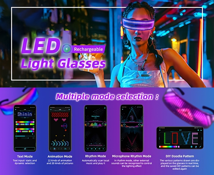 led glasses that   controlled via an app featuring programmable dynamic lighting   parties music festivals and     Product details 0