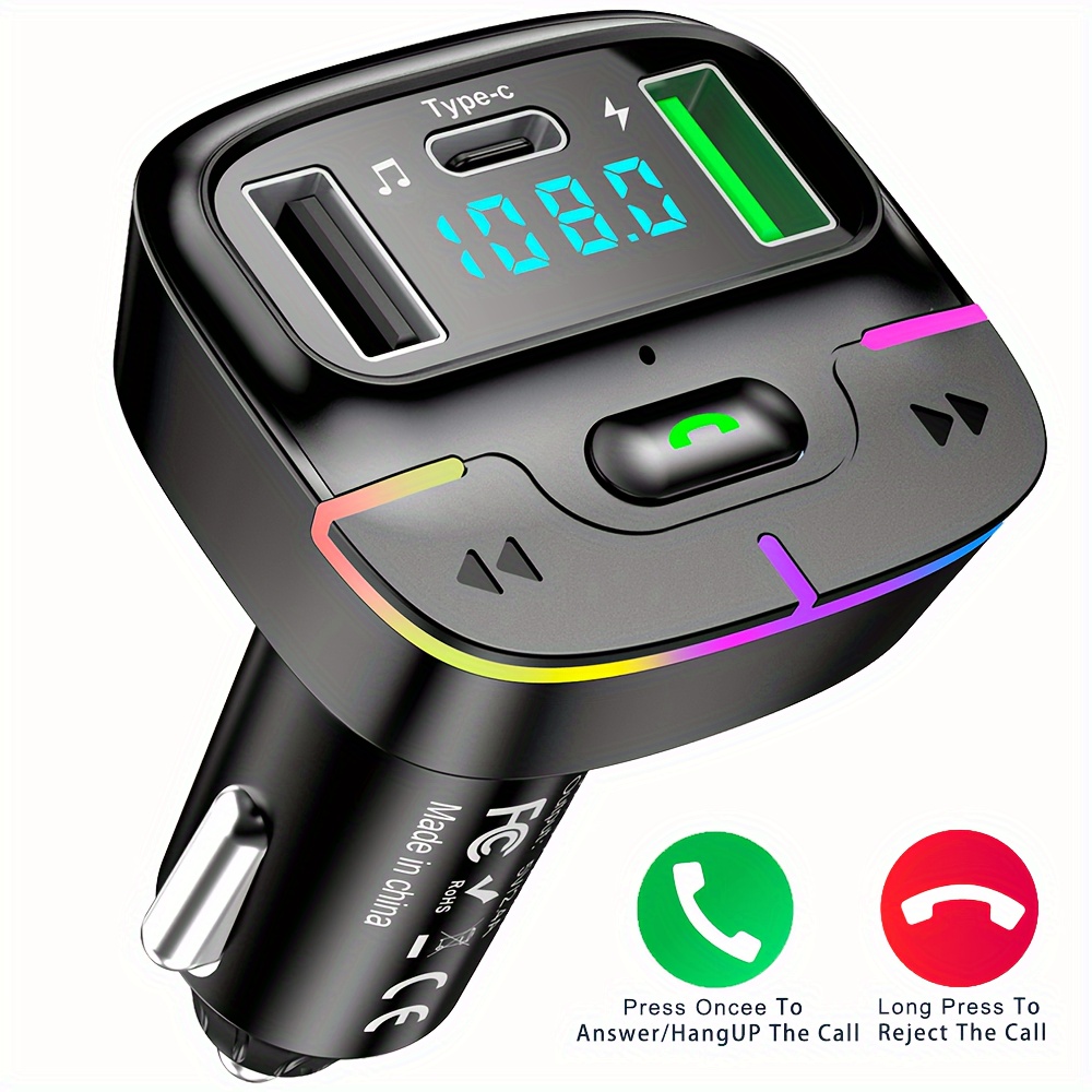 Transmisor Fm Bluetooth 5.0 Kit de coche Manos libres Receptor de audio  auxiliar Reproductor de mp3 Qc3.0 + pd Cargador USB de 18w con micrófono  extraíble