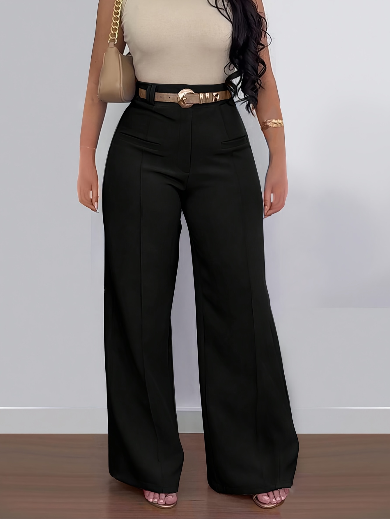women's elegant high-waisted wide-leg suit pants - solid black,  double-breasted design, flowy polyester trousers for office or casual wear,  casual elegant pants | highwaisted trousers | tailored , ladies pants -  women's