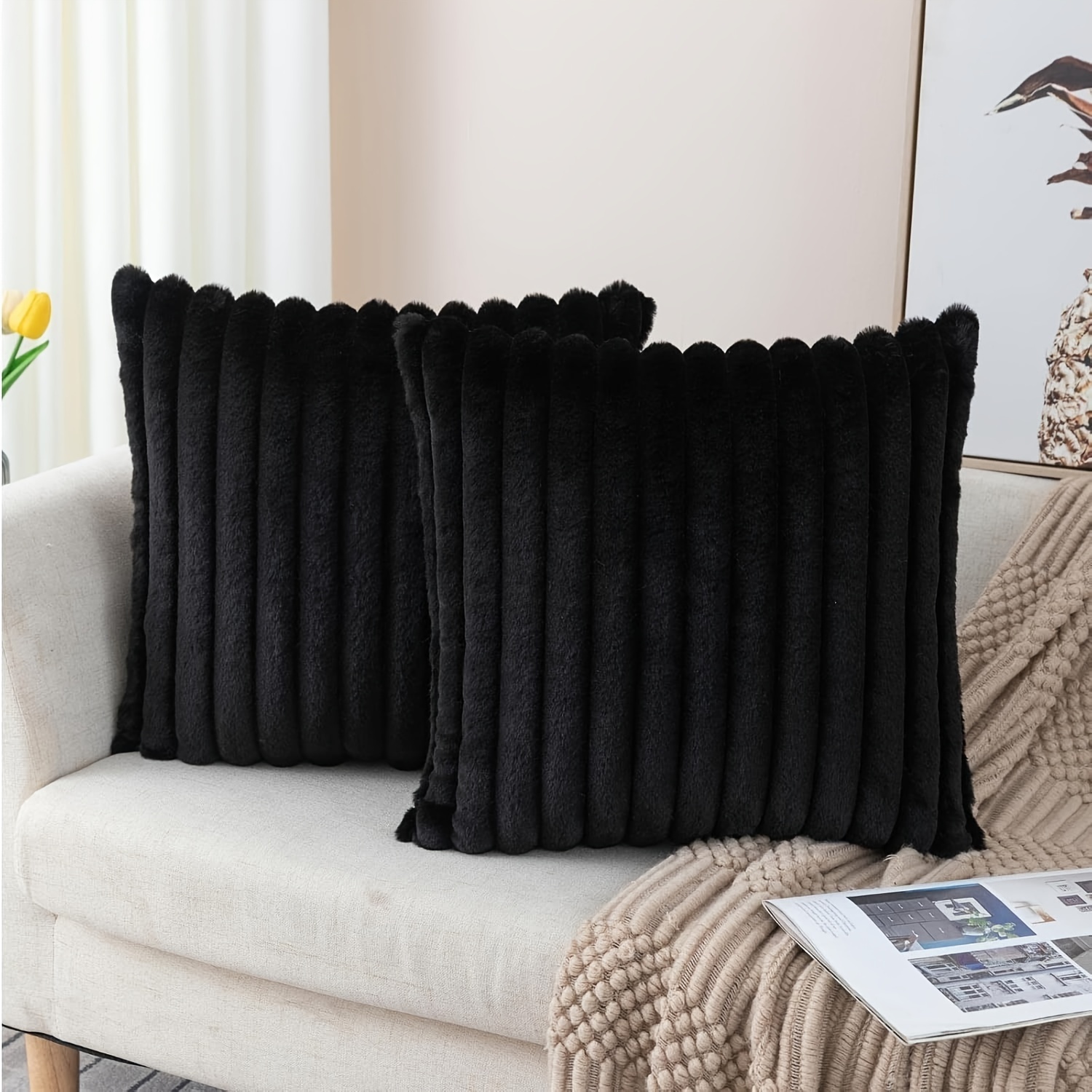 E-shop Kissenbezüge aus Plüschimitat, 2er-Set - Luxuriöse, weiche, flauschige, gestreifte Dekokissenbezüge für Sofa, Couch, Wohnzimmer