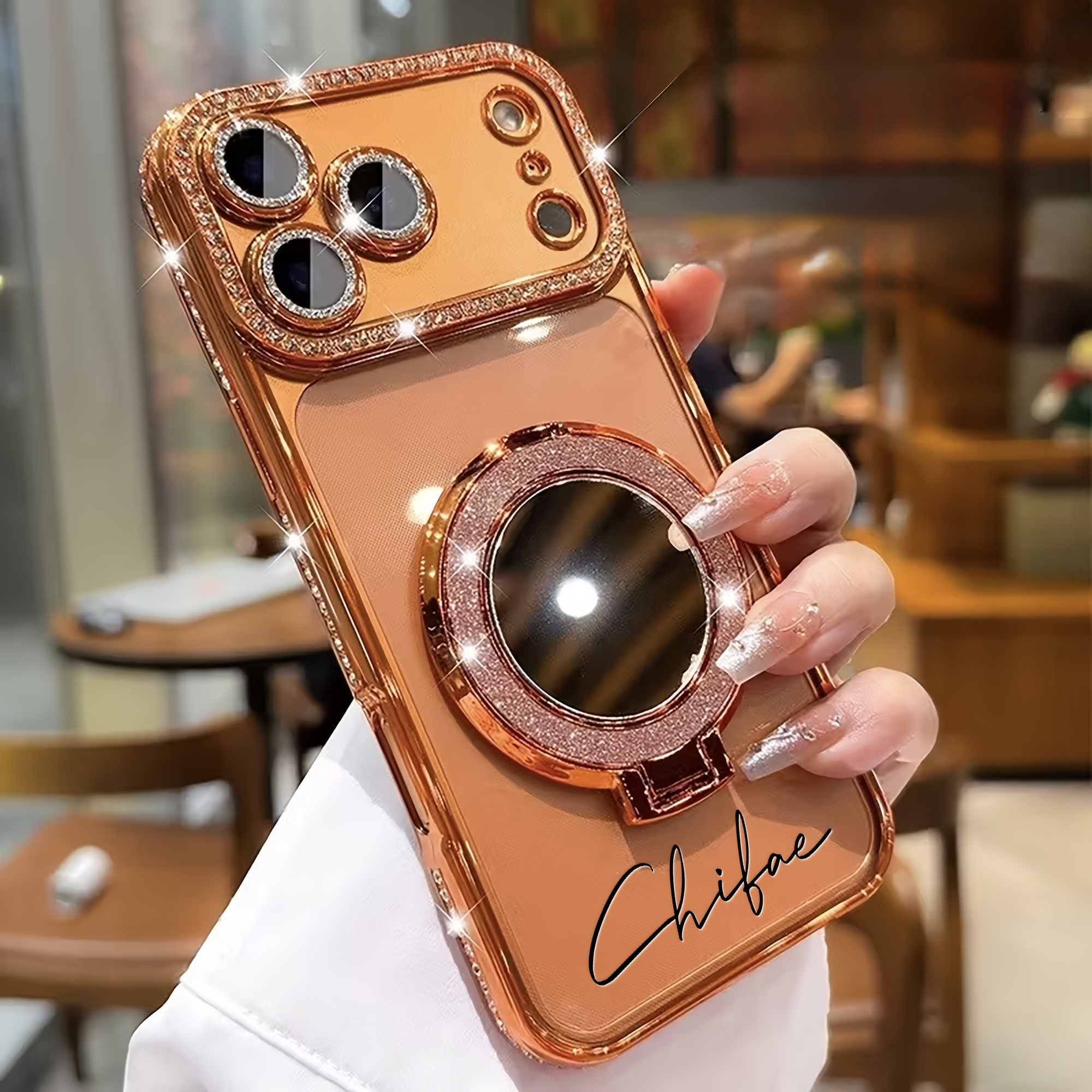 TEMU Phone Case: Custom Letters Name Diy Luxury Starry Orange Rhinestone Glitter Powder Bracket Phone Case Tpu Anti Fall Compatible With Iphone 11 12