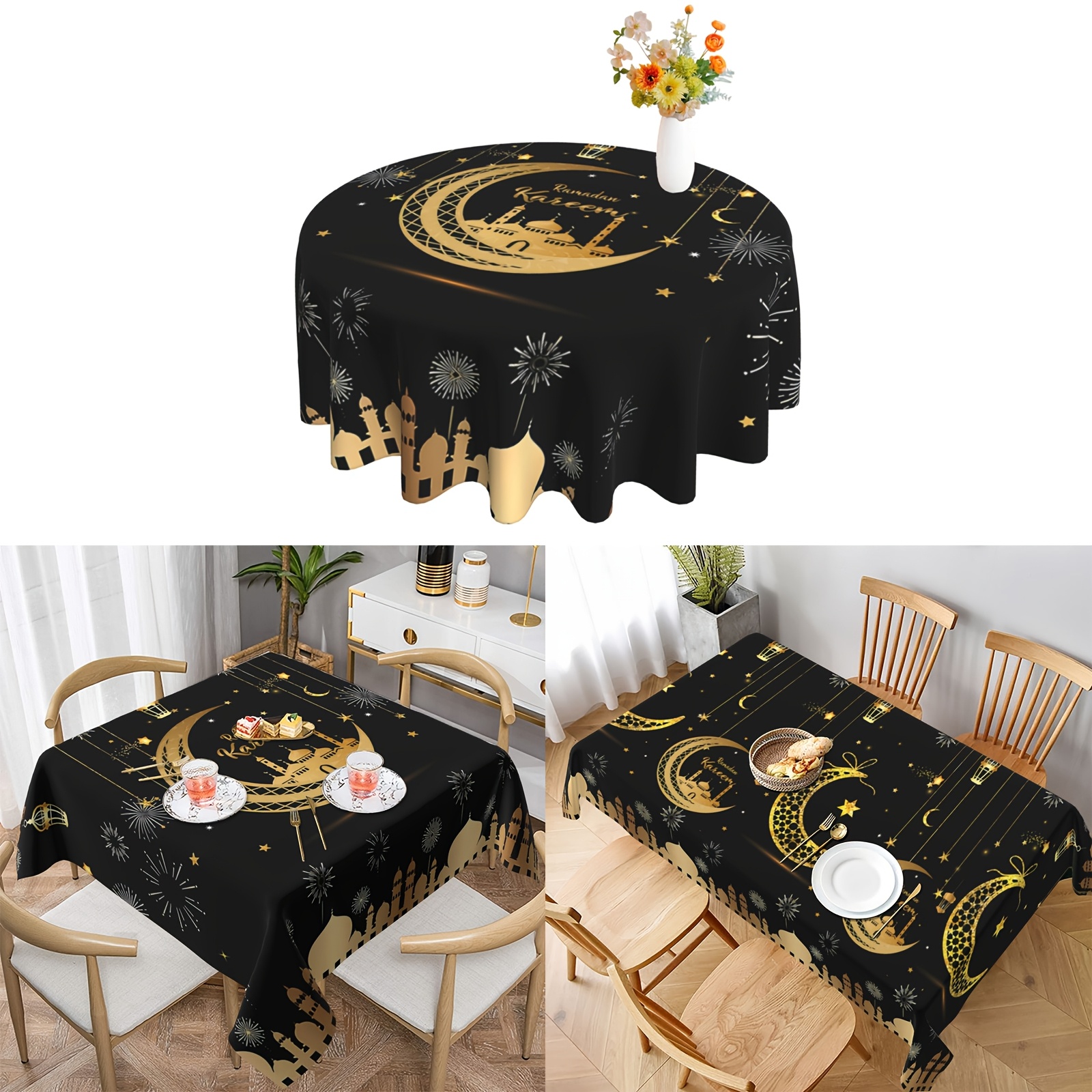 

1pc Ramadan Round Tablecloth, 100% Polyester Woven, Graphic Design, Machine Made, Eid Home & Kitchen Decor, Ramadan Party Table Cover